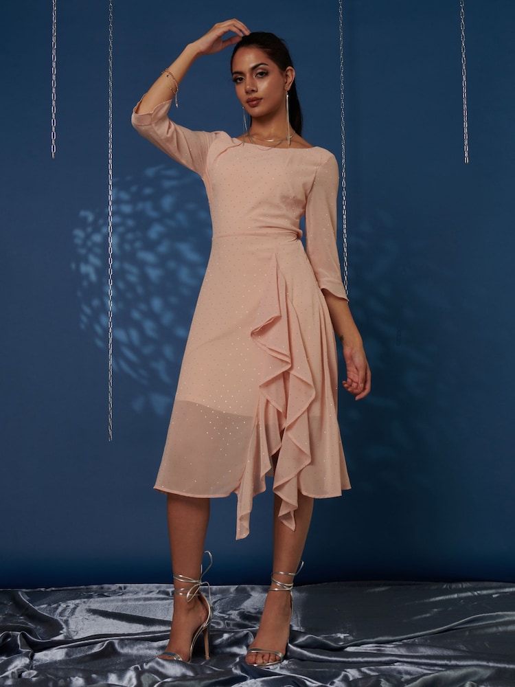 Jolie Moi Nude Diamanté Embellished Chiffon Midi Dress - Image 1 of 6