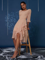 Jolie Moi Nude Diamanté Embellished Chiffon Midi Dress - Image 3 of 6