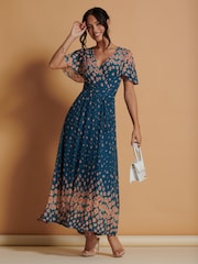 Jolie Moi Blue Mirrored Mesh Angel Sleeve Maxi Dress - Image 3 of 6