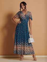 Jolie Moi Blue Mirrored Mesh Angel Sleeve Maxi Dress - Image 4 of 6