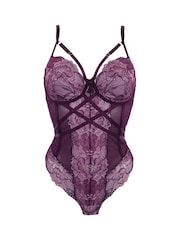 Pour Moi Blackberry/Pink Thong After Hours Underwired Thong Back Bodysuit - Image 3 of 4