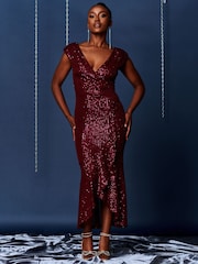 Jolie Moi Red Sequin Wrap Fishtail Maxi Dress - Image 1 of 6