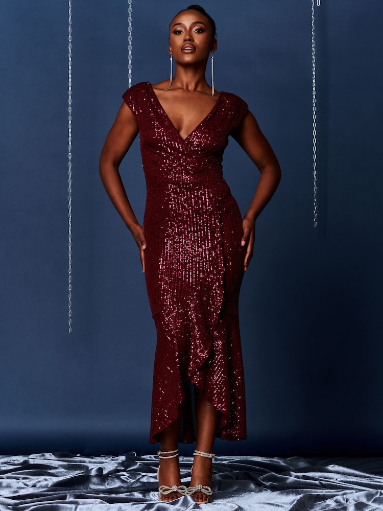 Jolie Moi Red Sequin Wrap Fishtail Maxi Dress - Image 1 of 6