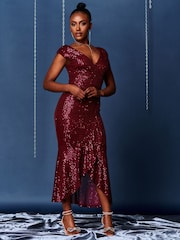 Jolie Moi Red Sequin Wrap Fishtail Maxi Dress - Image 3 of 6