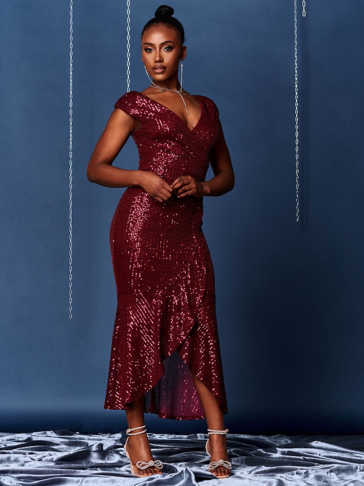Jolie Moi Red Sequin Wrap Fishtail Maxi Dress - Image 3 of 6