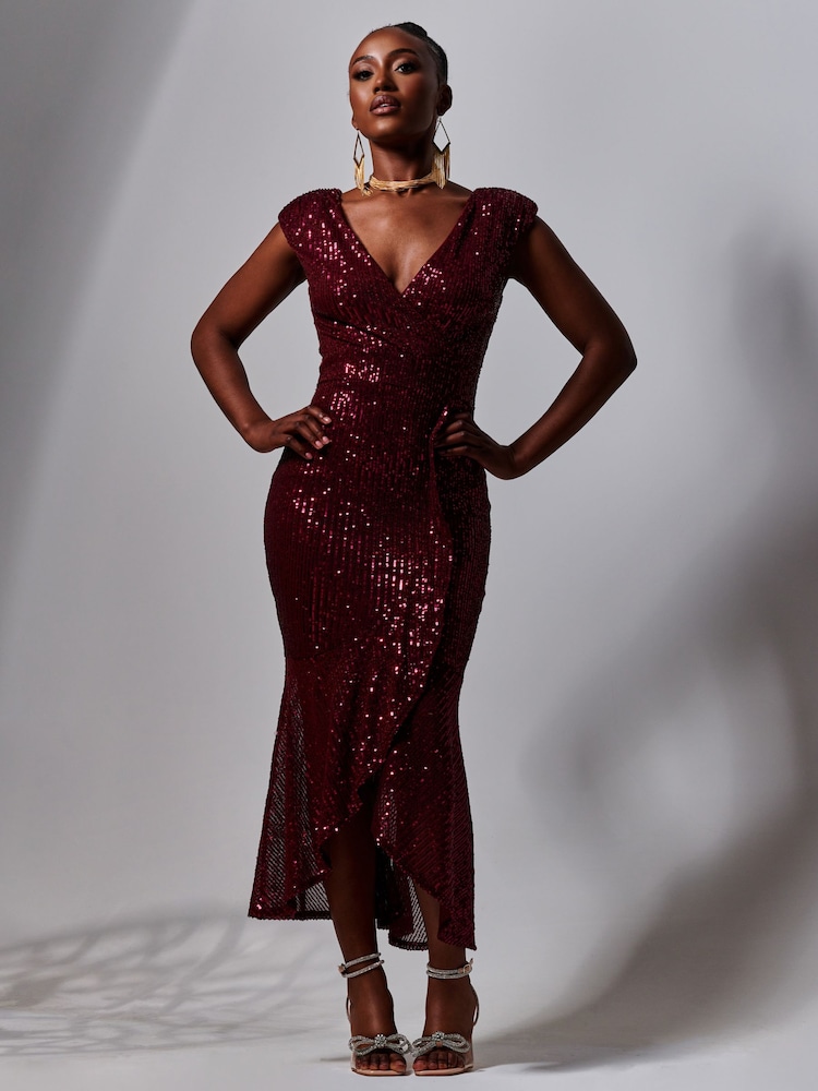 Jolie Moi Red Sequin Wrap Fishtail Maxi Dress - Image 4 of 6