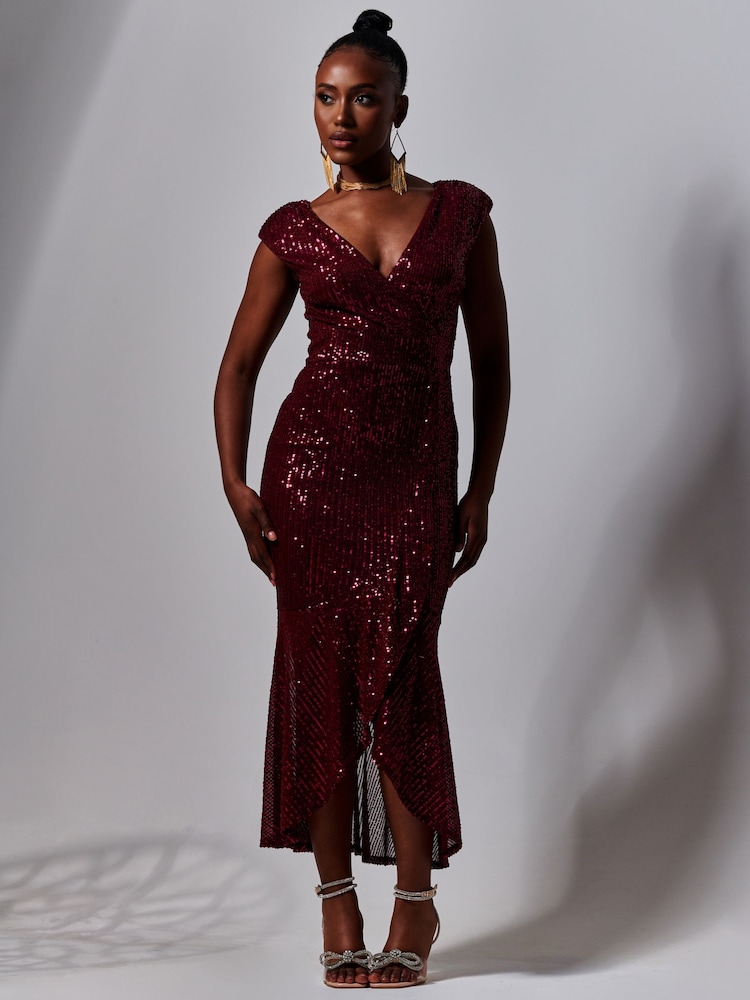 Jolie Moi Red Sequin Wrap Fishtail Maxi Dress - Image 5 of 6