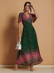 Jolie Moi Green Mirrored Mesh Angel Sleeve Maxi Dress - Image 1 of 6