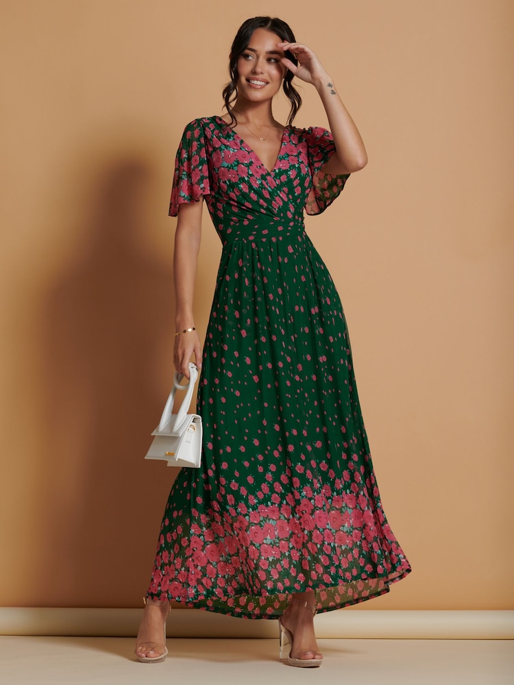 Jolie Moi Green Mirrored Mesh Angel Sleeve Maxi Dress - Image 1 of 6