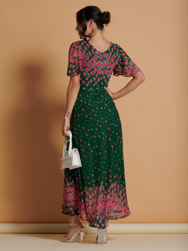 Jolie Moi Green Mirrored Mesh Angel Sleeve Maxi Dress - Image 2 of 6