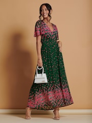 Jolie Moi Green Mirrored Mesh Angel Sleeve Maxi Dress - Image 4 of 6