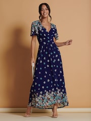 Jolie Moi Blue Mirrored Angel Sleeve Mesh Maxi Dress - Image 1 of 6