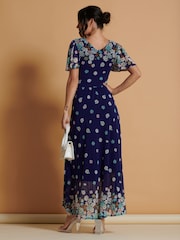 Jolie Moi Blue Mirrored Angel Sleeve Mesh Maxi Dress - Image 2 of 6