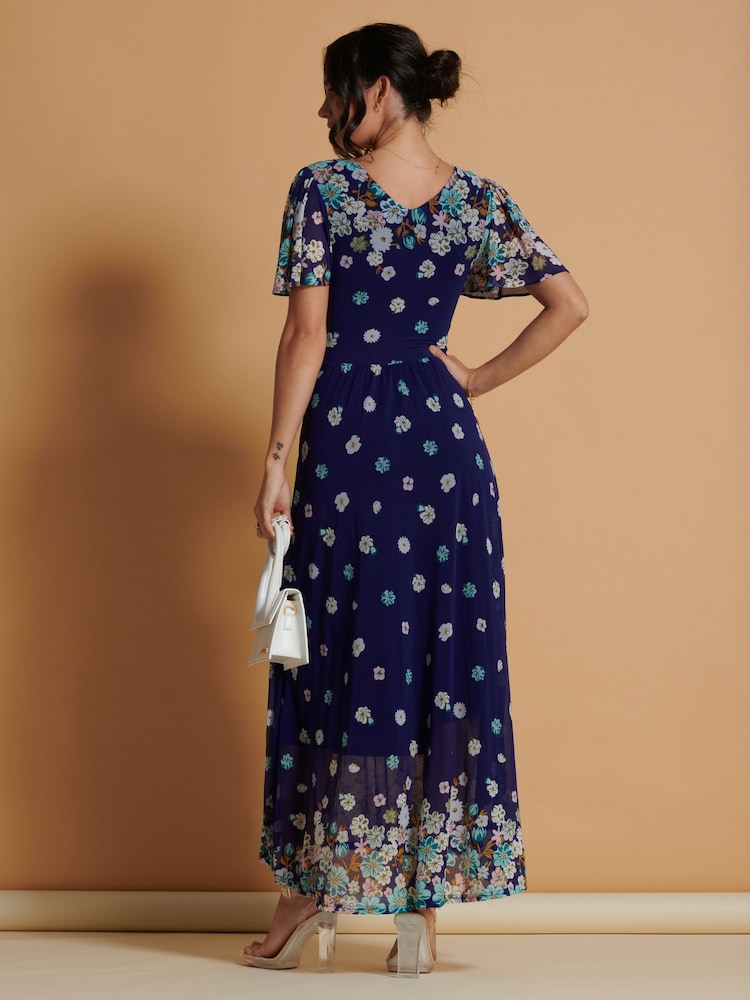Jolie Moi Blue Mirrored Angel Sleeve Mesh Maxi Dress - Image 2 of 6