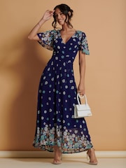 Jolie Moi Blue Mirrored Angel Sleeve Mesh Maxi Dress - Image 3 of 6