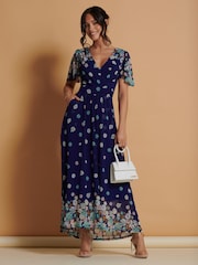 Jolie Moi Blue Mirrored Angel Sleeve Mesh Maxi Dress - Image 4 of 6