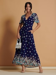Jolie Moi Blue Mirrored Angel Sleeve Mesh Maxi Dress - Image 5 of 6