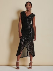 Jolie Moi Black Sequin Wrap Fishtail Maxi Dress - Image 3 of 6