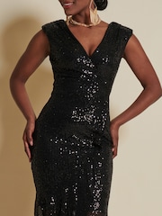 Jolie Moi Black Sequin Wrap Fishtail Maxi Dress - Image 5 of 6