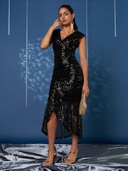 Jolie Moi Black Sequin Wrap Fishtail Maxi Dress - Image 6 of 6