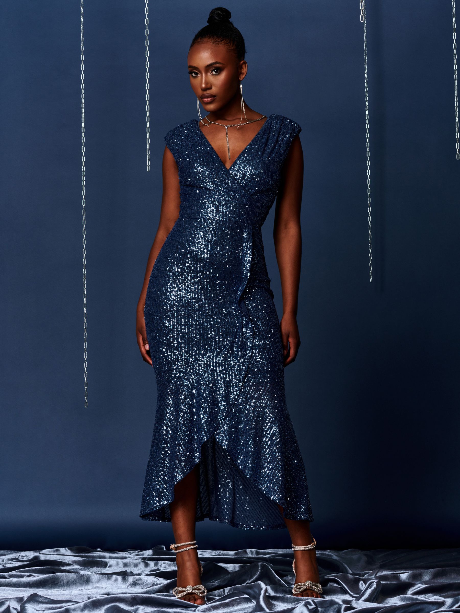 Royal blue sequin long sleeve fishtail maxi dress hot sale
