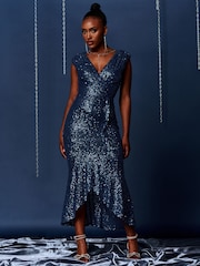 Jolie Moi Blue Sequin Wrap Fishtail Maxi Dress - Image 1 of 6