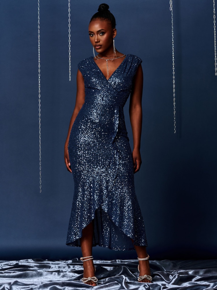 Jolie Moi Blue Sequin Wrap Fishtail Maxi Dress - Image 1 of 6