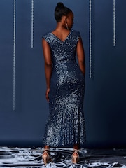 Jolie Moi Blue Sequin Wrap Fishtail Maxi Dress - Image 2 of 6