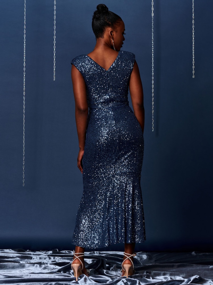 Jolie Moi Blue Sequin Wrap Fishtail Maxi Dress - Image 2 of 6