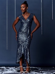 Jolie Moi Blue Sequin Wrap Fishtail Maxi Dress - Image 3 of 6