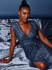 Jolie Moi Blue Sequin Wrap Fishtail Maxi Dress - Image 4 of 6