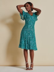 Jolie Moi Blue Sequin Fit & Flare Midi Dress - Image 4 of 6