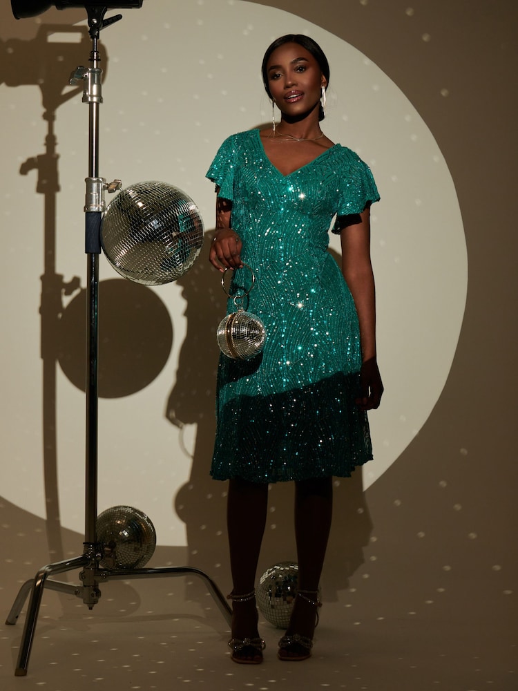 Jolie Moi Blue Sequin Fit & Flare Midi Dress - Image 6 of 6