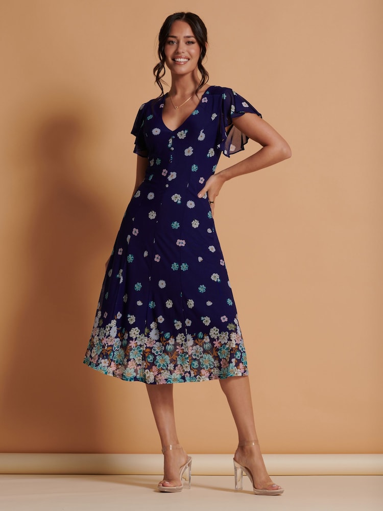 Jolie Moi Blue Mirrored Print Mesh Fit & Flare Midi Dress - Image 1 of 6 Jolie Moi Blue Mirrored Print Mesh Fit & Flare Midi Dress - Image 1 of 6