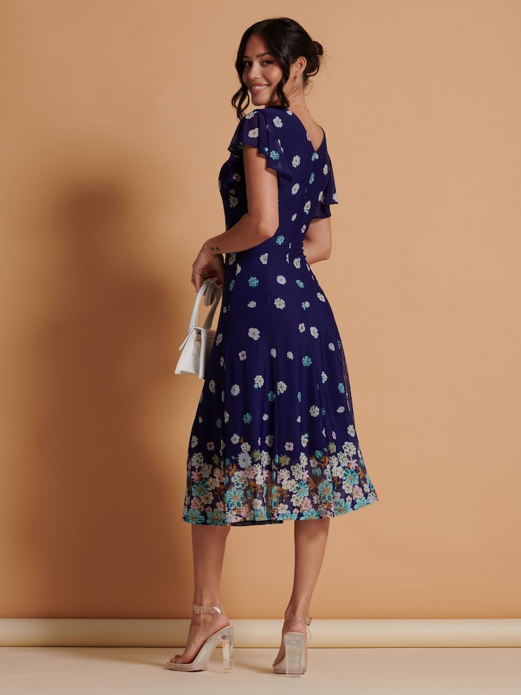 Jolie Moi Blue Mirrored Print Mesh Fit & Flare Midi Dress - Image 2 of 6 Jolie Moi Blue Mirrored Print Mesh Fit & Flare Midi Dress - Image 2 of 6