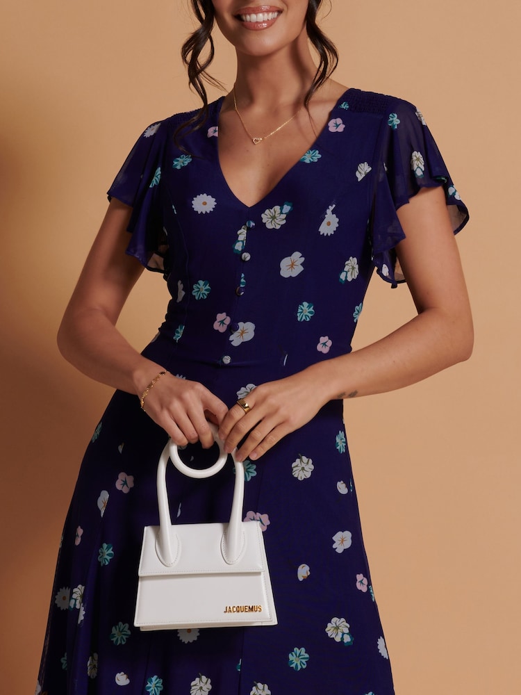 Jolie Moi Blue Mirrored Print Mesh Fit & Flare Midi Dress - Image 6 of 6 Jolie Moi Blue Mirrored Print Mesh Fit & Flare Midi Dress - Image 6 of 6