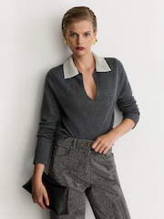Reiss Grey Raven Wool-Blend Crystal-Collar V-Neck Jumper - Image 1 of 6
