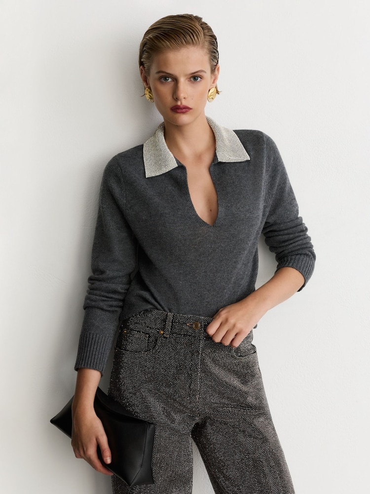 Reiss Grey Raven Wool-Blend Crystal-Collar V-Neck Jumper - Image 1 of 6 Reiss Grey Raven Wool-Blend Crystal-Collar V-Neck Jumper - Image 1 of 6