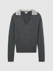 Reiss Grey Raven Wool-Blend Crystal-Collar V-Neck Jumper - Image 2 of 6