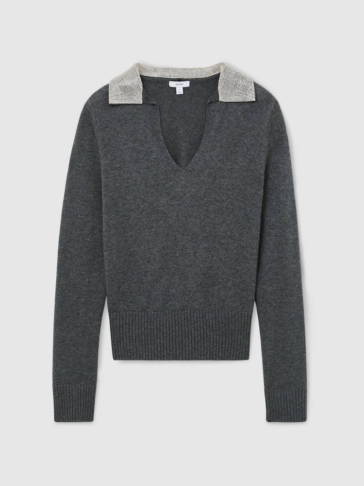 Reiss Grey Raven Wool-Blend Crystal-Collar V-Neck Jumper - Image 2 of 6 Reiss Grey Raven Wool-Blend Crystal-Collar V-Neck Jumper - Image 2 of 6