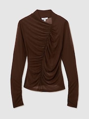 Reiss Mocha Brown Robyn Ruched Sheer Long-Sleeve Top - Image 2 of 6