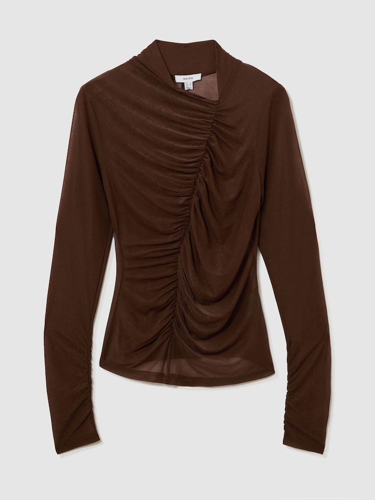 Reiss Mocha Brown Robyn Ruched Sheer Long-Sleeve Top - Image 2 of 6