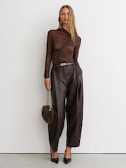 Reiss Mocha Brown Robyn Ruched Sheer Long-Sleeve Top - Image 3 of 6