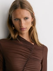 Reiss Mocha Brown Robyn Ruched Sheer Long-Sleeve Top - Image 4 of 6