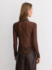 Reiss Mocha Brown Robyn Ruched Sheer Long-Sleeve Top - Image 5 of 6