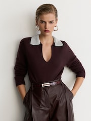 Reiss Grape Burgundy Raven Wool-Blend Crystal-Collar V-Neck Jumper - Image 1 of 6