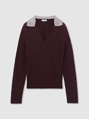 Reiss Grape Burgundy Raven Wool-Blend Crystal-Collar V-Neck Jumper - Image 2 of 6
