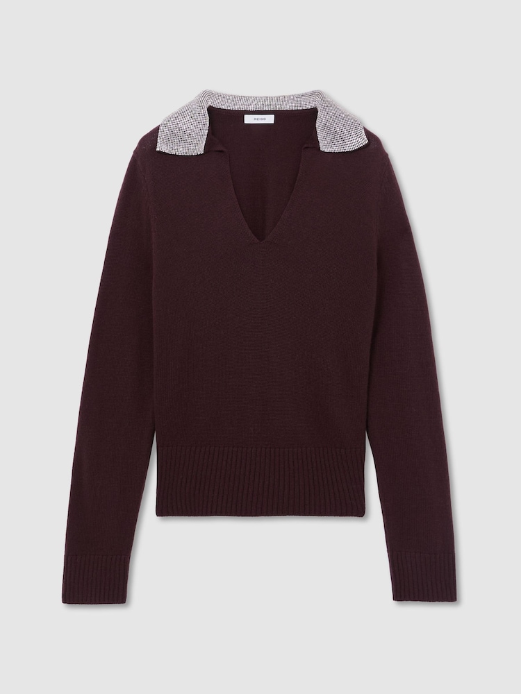 Reiss Grape Burgundy Raven Wool-Blend Crystal-Collar V-Neck Jumper - Image 2 of 6 Reiss Grape Burgundy Raven Wool-Blend Crystal-Collar V-Neck Jumper - Image 2 of 6