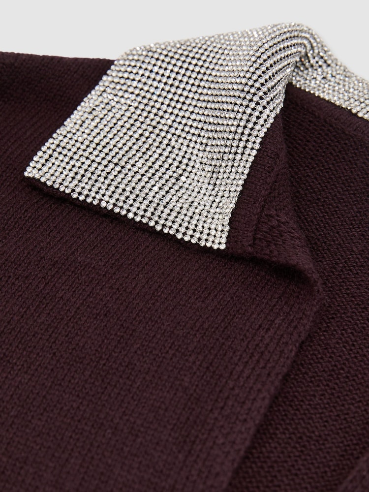 Reiss Grape Burgundy Raven Wool-Blend Crystal-Collar V-Neck Jumper - Image 6 of 6 Reiss Grape Burgundy Raven Wool-Blend Crystal-Collar V-Neck Jumper - Image 6 of 6