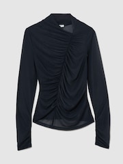 Reiss Navy Robyn Ruched Sheer Long-Sleeve Top - Image 2 of 6